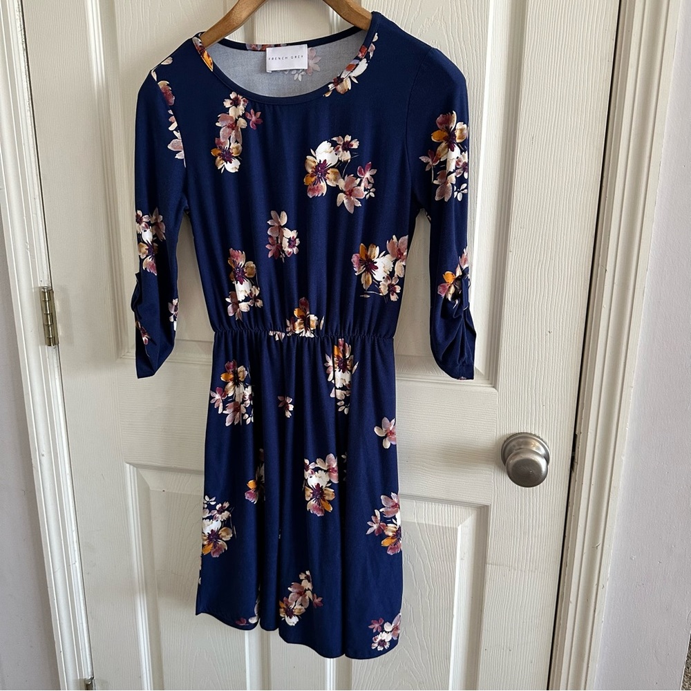 French Grey. Blue floral print knee length dress